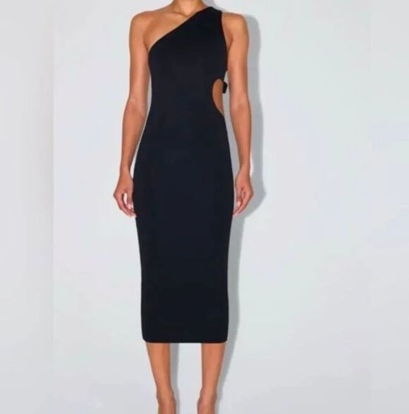 KHY by Kylie Jenner Dresses & Skirts - KHY by Kylie black smooth stretch one shoulder midi Bodycon cutout dress S